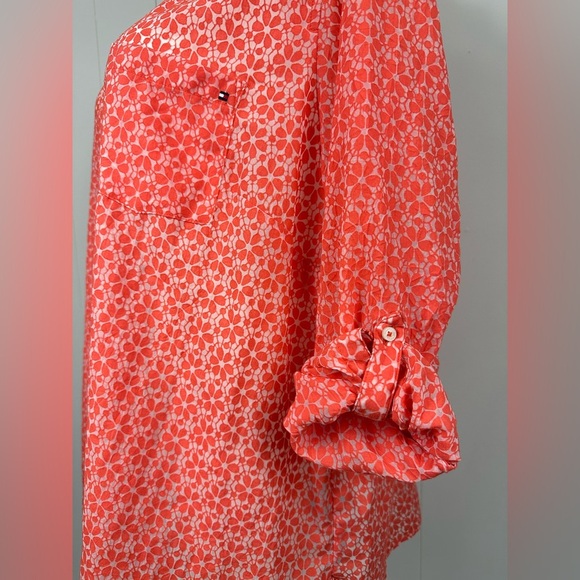 Tommy Hilfiger Sz 3X Women’s Orange Sheer Floral Blouse Top Button Down Roll Tab - Picture 9 of 12